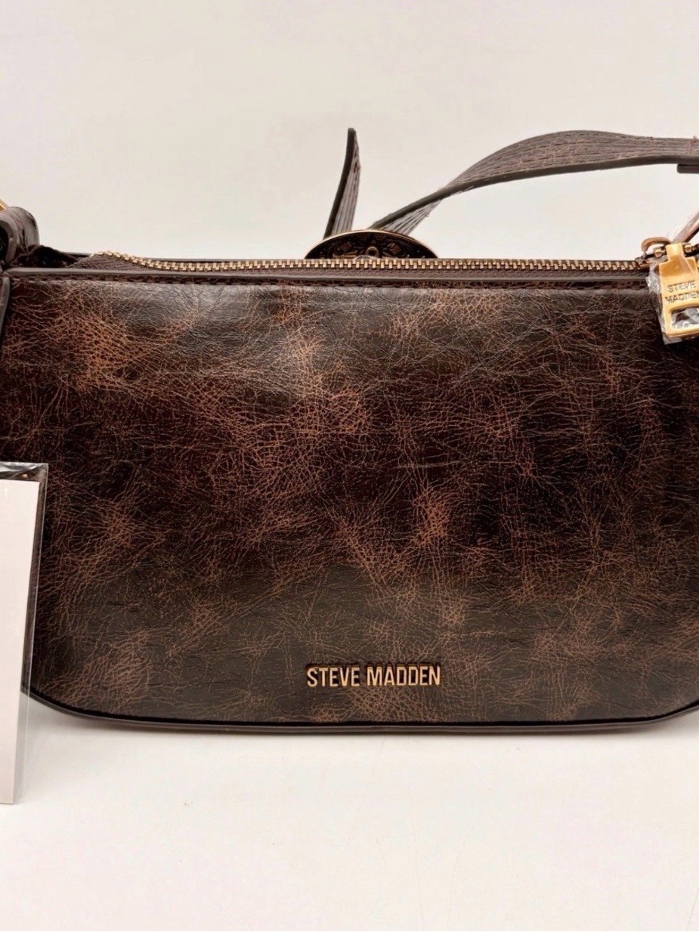 Steve Madden Brown Distressed Leather-Effect Messenger Bag with Gold Logo